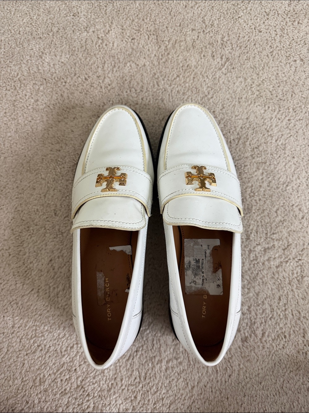 Tory Burch White Leather Loafers with Gold Emblem